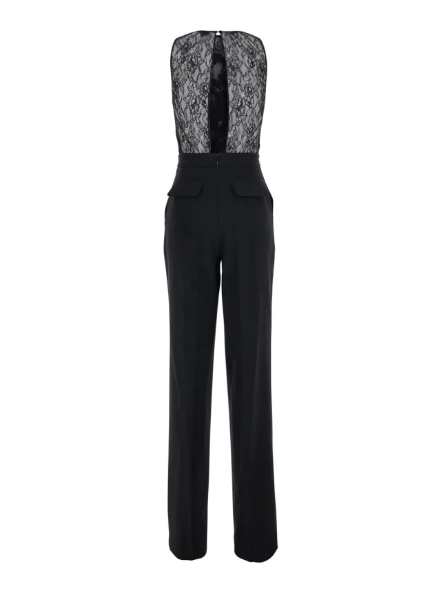 ELISABETTA FRANCHI Black Sleeveless Jumpsuit with Round Neck and Lace Embroidery on the Upper Part in Stretch Tech Fabric for Women in Black 95% Polyester 5% Elastane, photo 3 of 6 from Gaudenzi Boutique
