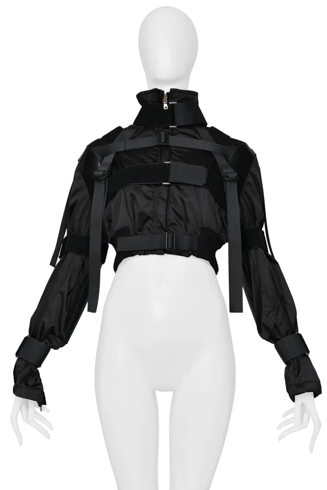 Dolce & Gabbana Black Cropped Bondage Jacket With Straps And Elbow Shields 2003 in Black Nylon from Resurrection Vintage