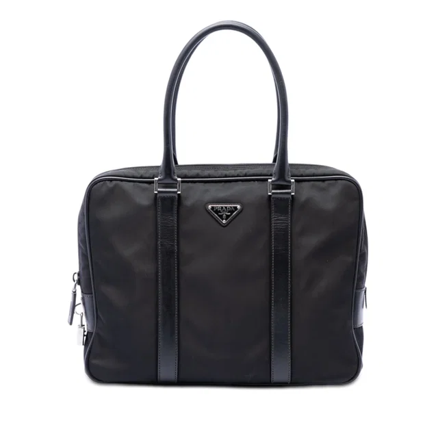 Black Prada Saffiano Trimmed Tessuto Business Bag in Black Saffiano leather from Designer Revival