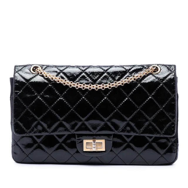 Black Chanel Quilted Patent Reissue 2.55 Double Flap 227 Shoulder Bag in Black Patent leather from Designer Revival