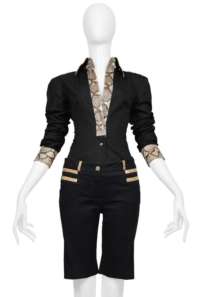 Dolce & Gabbana Black Cotton Long Sleeve Shirt With Python Trim And Collar 2005 in Black Python from Resurrection Vintage