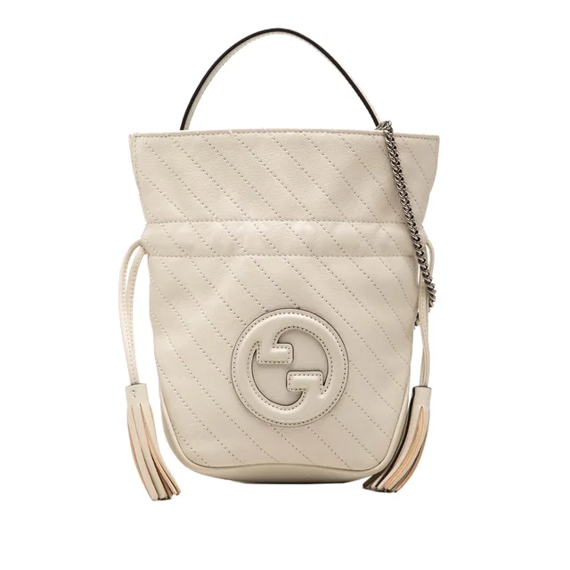 White Gucci Mini Diagonal Stitched Calfskin Blondie Bucket Bag Satchel in White Calfskin from Designer Revival