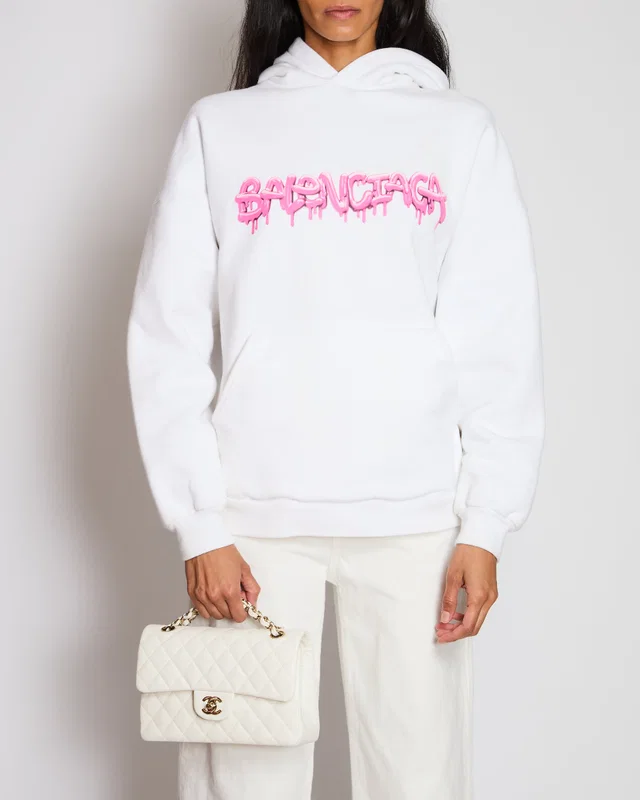 Balenciaga White Hooded Sweater with Pink Logo Size L (UK 10/12) in White from Sellier
