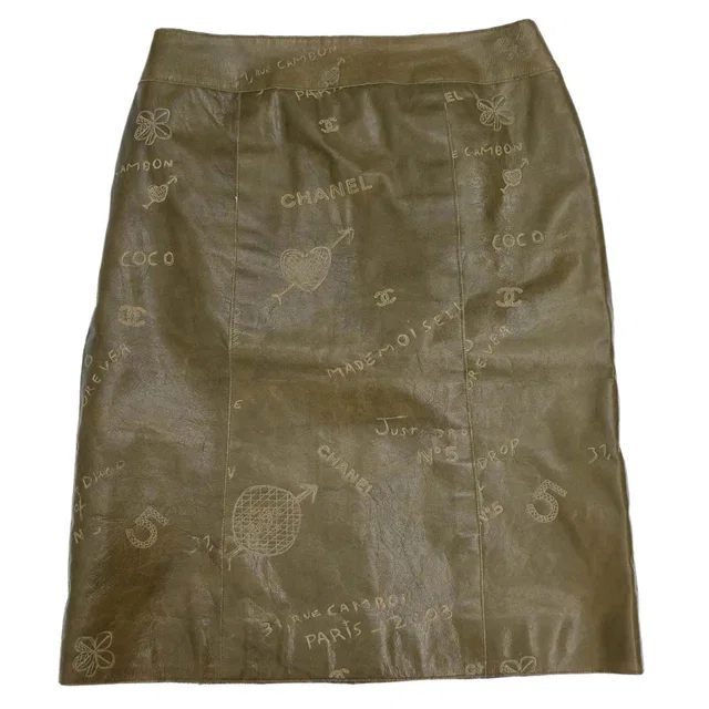 Chanel 2003 Leather Mademoiselle Graffiti Skirt Khaki #42 in Green Leather from AMORE Vintage Tokyo
