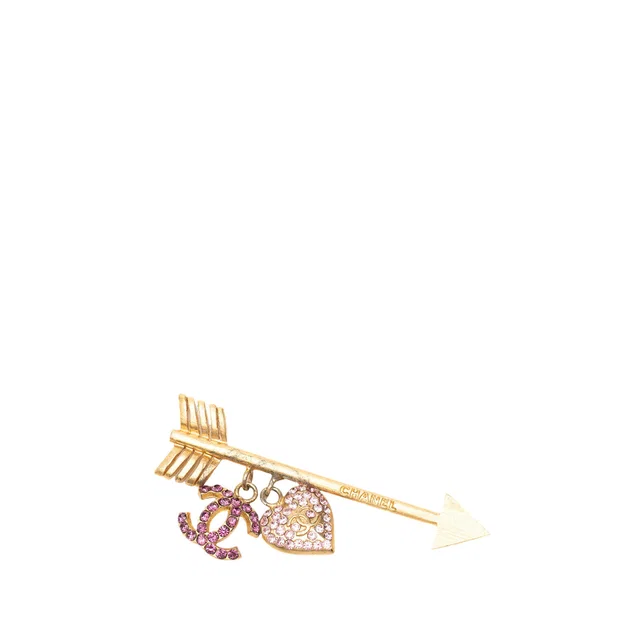 Gold Chanel CC Gold Plated Strass Arrow Heart Charm Pin Brooch in Gold from Designer Revival