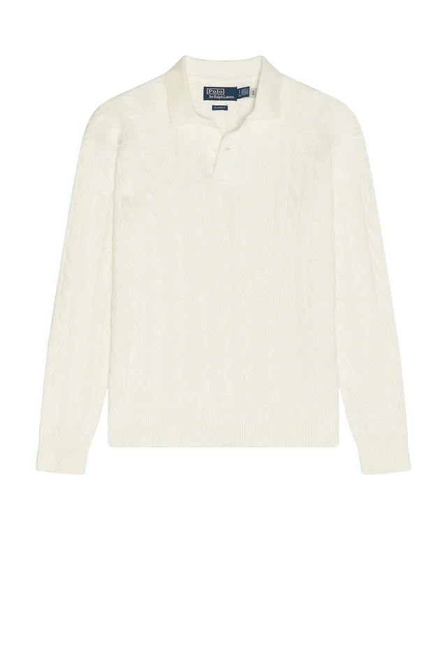 Polo Ralph Lauren Long Sleeve Garment Dyed Cable Knit Polo Sweater Relaxed Fit in Nevis, photo 4 of 4 from REVOLVE (Canada)