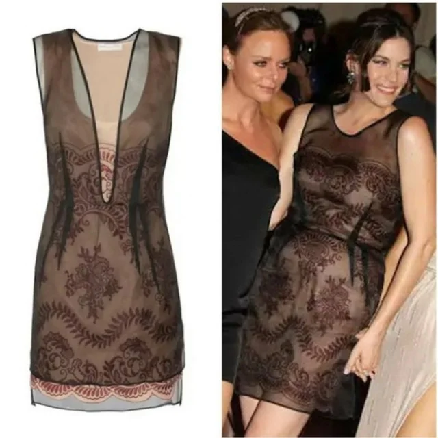 Stella McCartney Bolsena Dress Mini Mesh Overlay Embroidered Black Beige Red 40 in black Silk from Poshmark