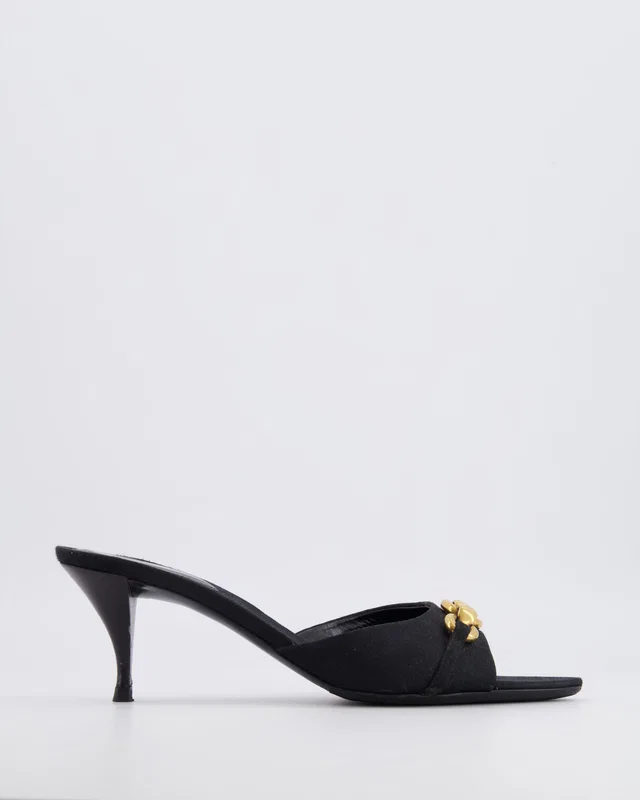 Saint Laurent Black Canvas Logo Printed Le Maillon Heeled Mules with Gold Chain Detail Size EU 39.5 in Black Canvas from Sellier