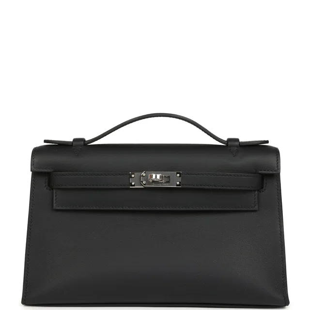 Hermès Kelly Pochette Black Swift Palladium Hardware in Black Swift leather from Madison Avenue Couture
