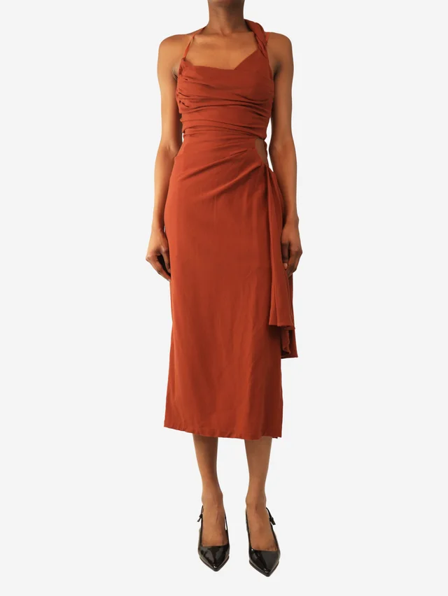Jacquemus Rust Le Raphia draped midi dress - size UK 6 in Wool from Sign of the Times