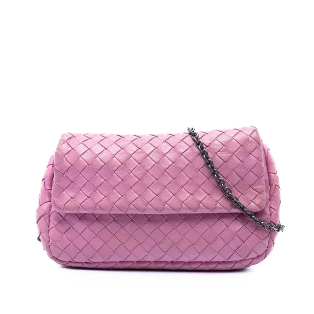 Pink Bottega Veneta Mini Nappa Intrecciato Expandable Chain Flap Crossbody in Pink Nappa leather from Designer Revival