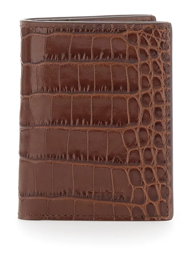 Folded Cardholder 'Crocodile Effect' in Brown Leather for Men in Brown, image 1 of 1 from Gaudenzi Boutique