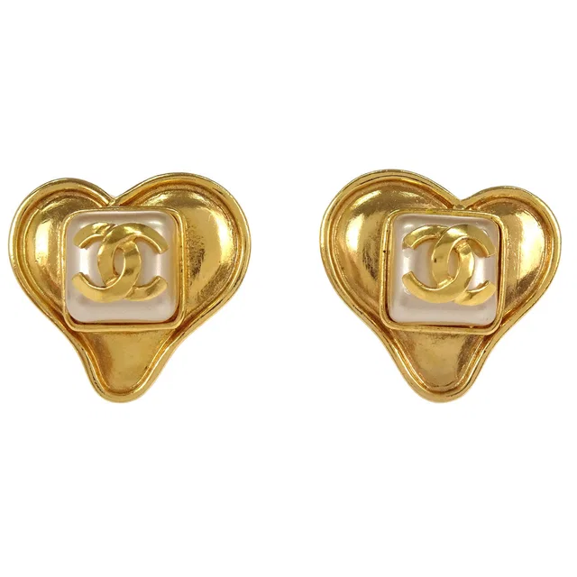 Chanel Costume Pearl Clip-On Earrings Gold Heart 95P in Gold from AMORE Vintage Tokyo