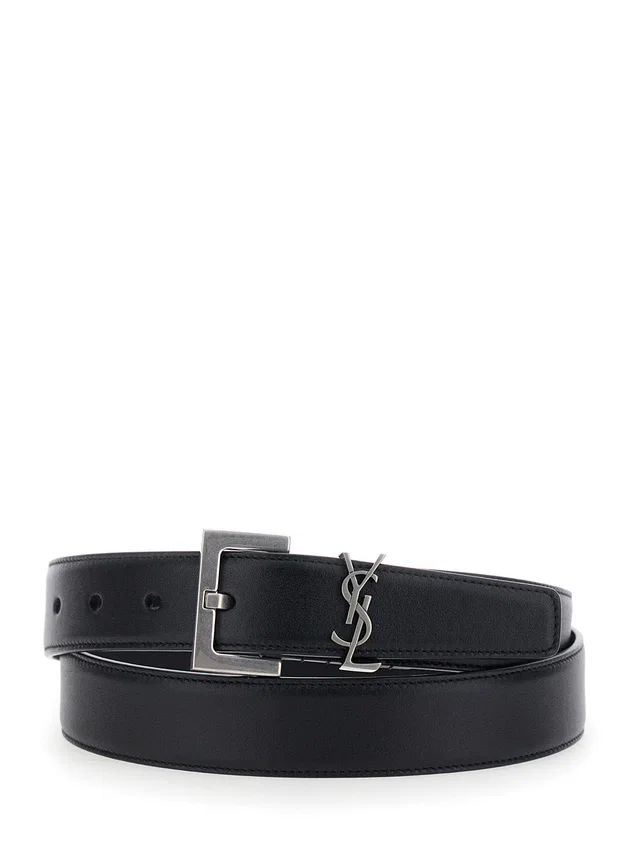Saint Laurent Cassandre Plate Leather Belt — Black Calf in Black Leather from HEWI