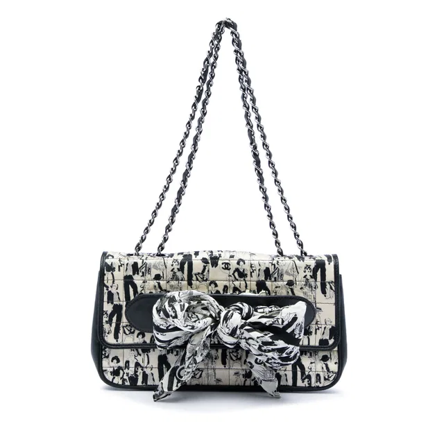White Chanel Silk and Lambskin Coco Mademoiselle Scarf Flap Shoulder Bag in White Lambskin from Designer Revival