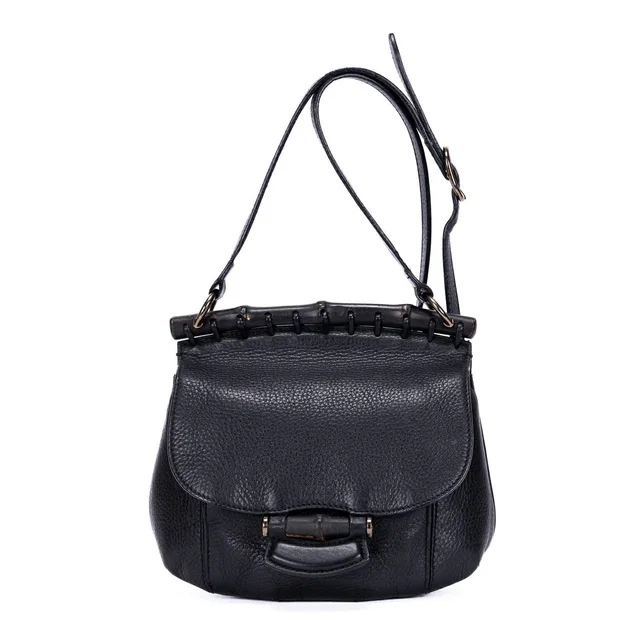 Gucci Bamboo Nouveau Fringe Small Crossbody Black Spike Calfskin Leather in Black Calfskin from The Reluxe