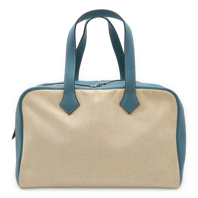 Hermès Victoria 43 Boston Bag Travel Purse Toile H Taurillon Clemence Blue in Blue Clemence leather from The Reluxe