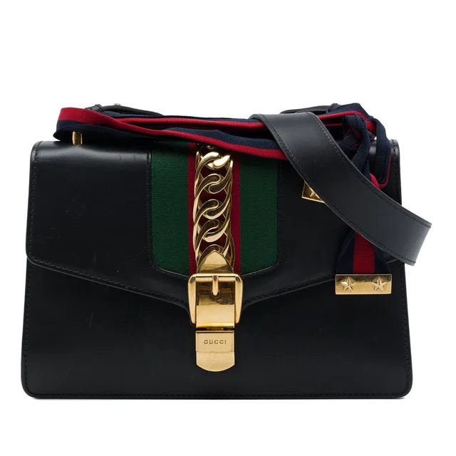 Black Gucci Small Calfskin Web Sylvie Satchel in Black Calfskin from Designer Revival