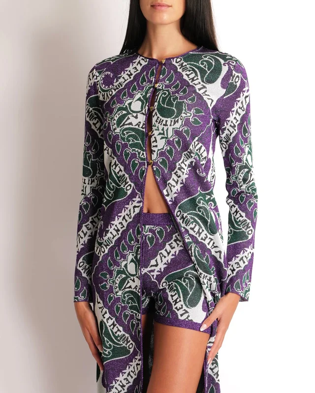 Valentino Garavani Purple, Green, and White Shimmery Long Cardigan and Shorts Set with Leaves and Logo Prints… in White from Sellier, photo 2 of 2