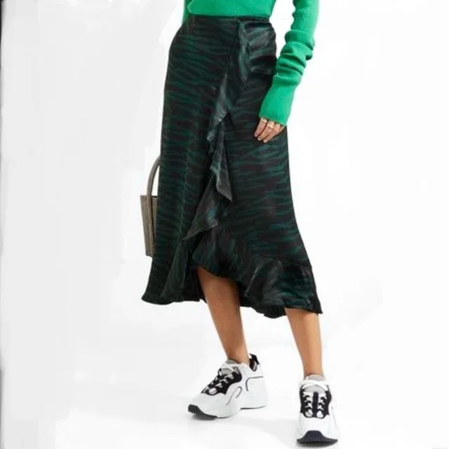 GANNI Cameron Green Tiger Print Satin Wrap Midi Skirt Size 38 in green|black Satin from Poshmark