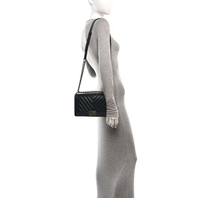 Chanel Chevron Quilted Medium Boy Flap Black in Black Lambskin from FASHIONPHILE, photo 2 of 11