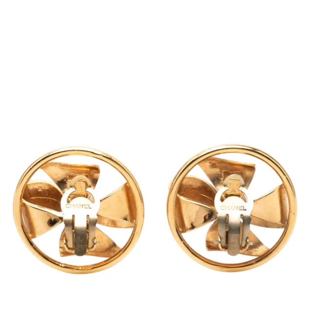 Gold Chanel CC Gold Plated Faux Pearl Pinwheel Ribbon Clip On Earrings in Gold from Designer Revival, photo 2 of 2