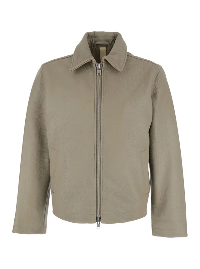 Sunflower Beige Leather Crop Jacket with Classic Collar and Dropped Shoulders for Men in Beige 100% Leather, photo 2 of 6 from Gaudenzi Boutique