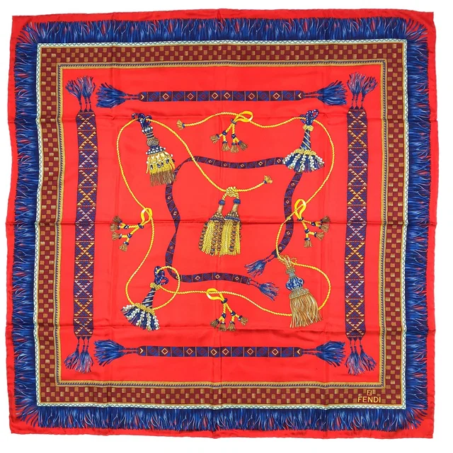 Fendi Fringe Checker Pattern Silk Red Scarf in Red Silk from The Reluxe