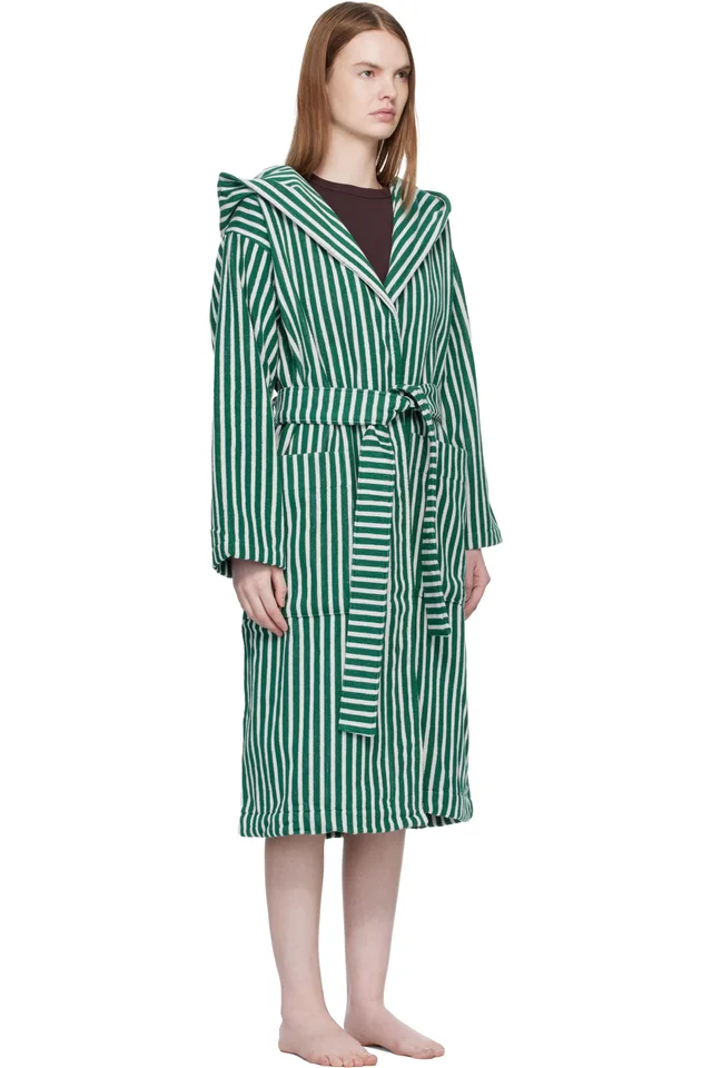 Tekla Green & White Terry Hooded Bathrobe, photo 2 of 4 from SSENSE