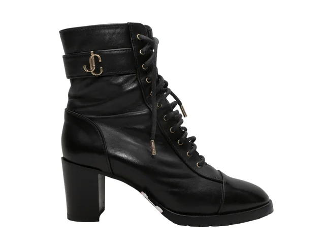 Black Jimmy Choo Lace-Up Heeled Ankle Boots Size 37.5 in Black Leather from Designer Revival