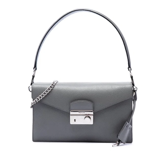 Gray Prada Mini Saffiano Lux Sound Lock Satchel in Grey Saffiano leather from Designer Revival