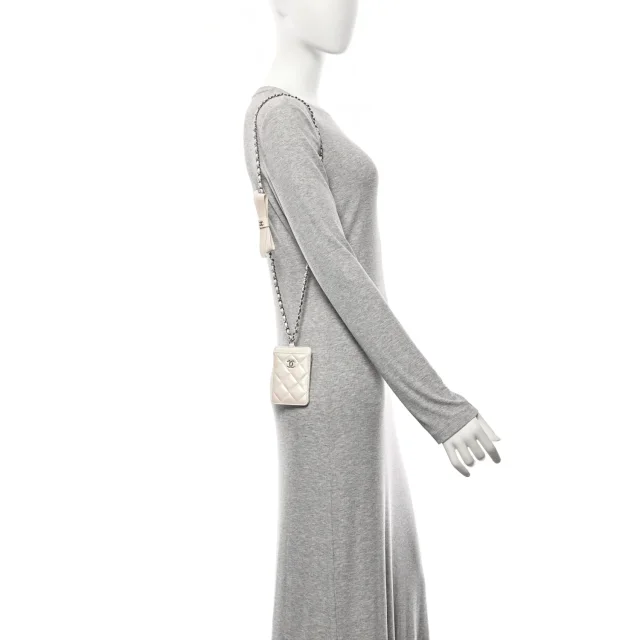 Chanel Iridescent Lambskin Quilted Coco Bow Card Holder On Chain White in White Lambskin from FASHIONPHILE, photo 2 of 9
