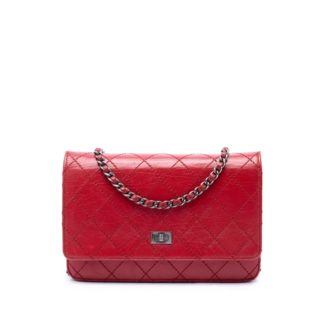 Red Chanel Quilted Aged Calfskin Reissue 2.55 Wallet on Chain Crossbody Bag in Red Calfskin from Designer Revival