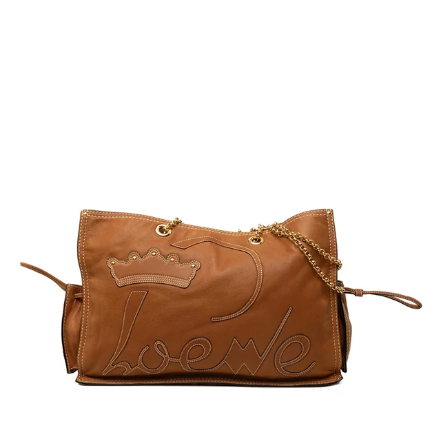 Brown LOEWE Leather Crown Logo Shopper Tote in Brown Leather from Designer Revival