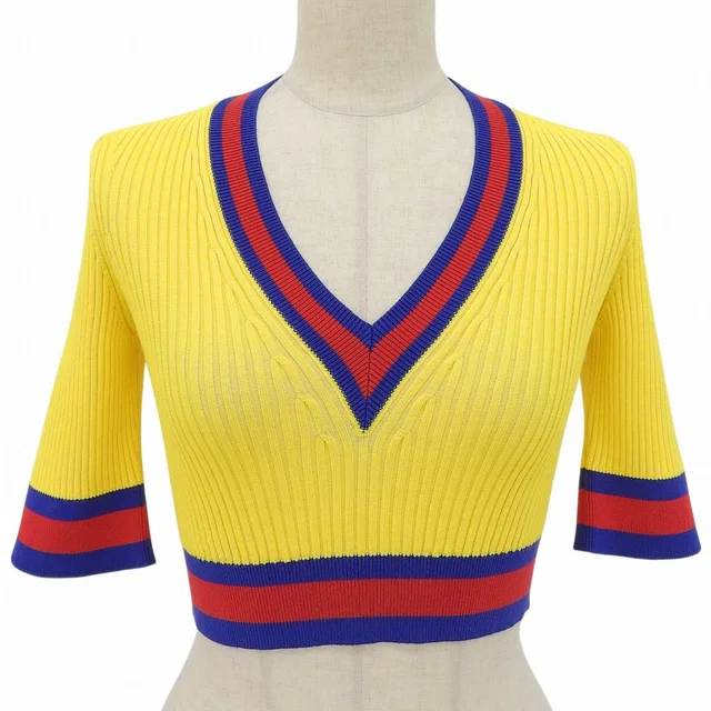 Gucci Web Stripe Cropped Length V-neck Short Sleeve Knit Yellow Blue Red XS in Red from The Reluxe