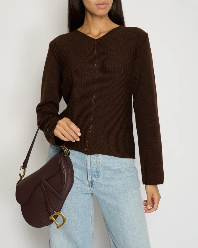 Chanel 99/A Brown V Neck Knitted Jumper with Gold Stitch Detail FR 38 (UK 10) in Brown Wool from Sellier