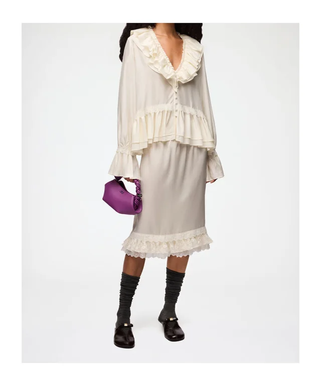 Ganni V-Neck Ruffled Lace-Trim Blouse, image 1 of 1 from SENSER