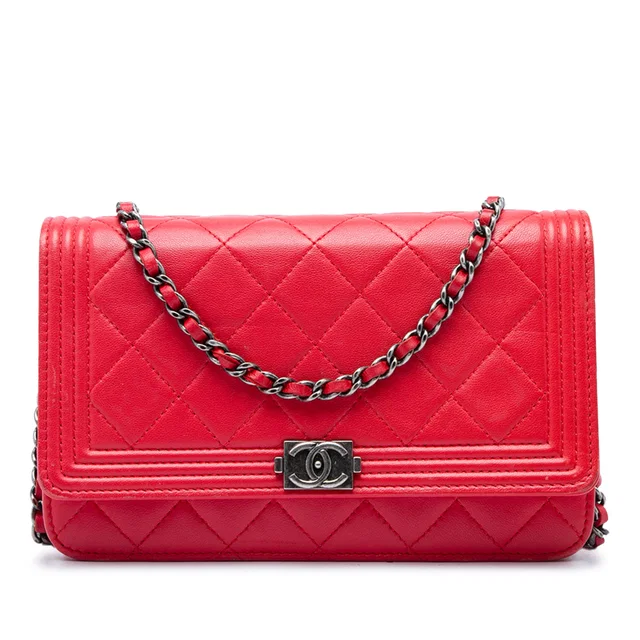 Red Chanel Quilted Lambskin Boy Wallet On Chain Crossbody Bag in Red Lambskin from Designer Revival