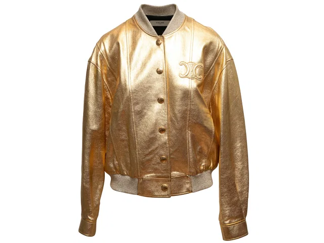 Gold Celine Metallic Leather Bomber Jacket Size FR 36 in Gold Leather from Designer Revival