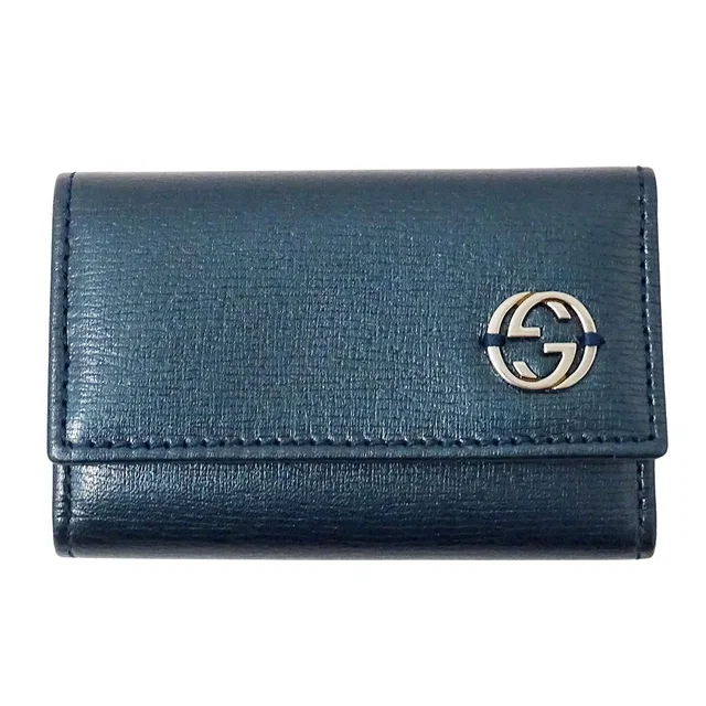 Gucci Key Case Interlocking G Leather Metallic Blue Green Compact Small Key in Blue Leather from The Reluxe