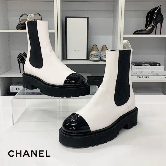 Chanel CC Logo Leather Patent Side Gore Short Boots White in White Patent leather from The Reluxe