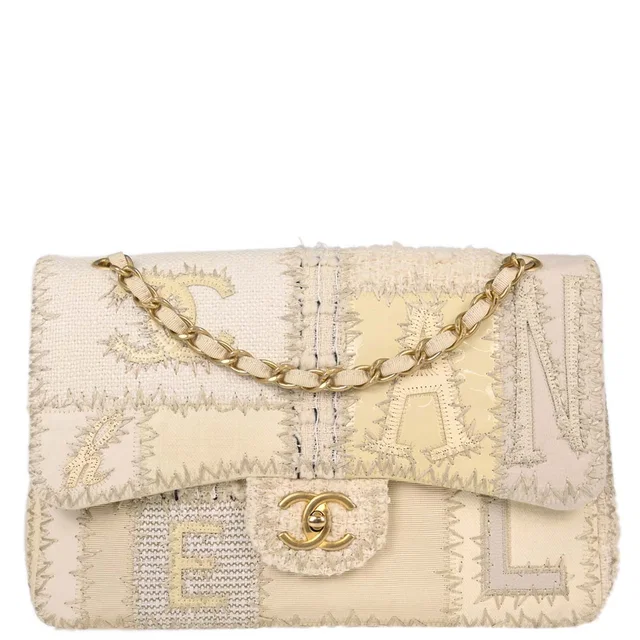 Chanel 2018 Ivory Tweed Patchwork Shoulder Bag in White Tweed from AMORE Vintage Tokyo
