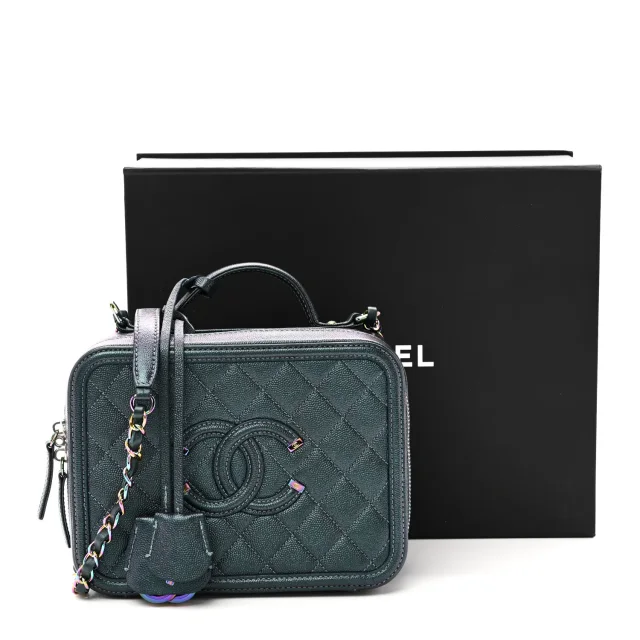 Chanel Iridescent Caviar Quilted Medium CC Filigree Vanity Case Dark Turquoise in Blue Caviar leather from FASHIONPHILE, photo 11 of 11
