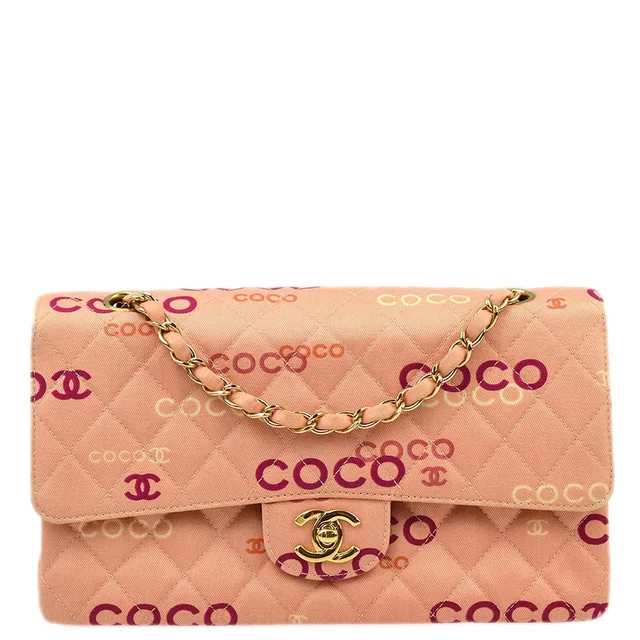 Chanel 2001-2003 Pink Coco Classic Double Flap Medium Shoulder Bag in Pink Canvas from AMORE Vintage Tokyo