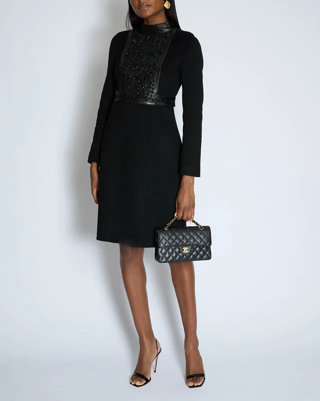 Valentino Garavani Black Wool Embellished Coat with Lambskin Leather Details Size IT 40 (UK 8) in Black Lambskin from Sellier