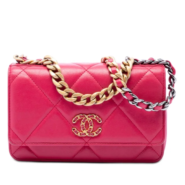 Pink Chanel Quilted Lambskin 19 Wallet on Chain Crossbody Bag in Pink Lambskin from Designer Revival