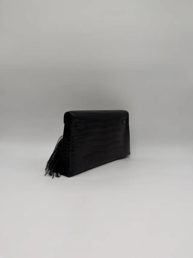 Hermès Kelly Elan Foile Black Matte Porosus Palladium Hardware in Black from Luxury Promise, photo 6 of 11