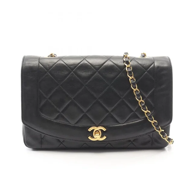 Chanel Shoulder Bag Quilted Diana Flap Black Lambskin Chain in Black Lambskin from The Reluxe