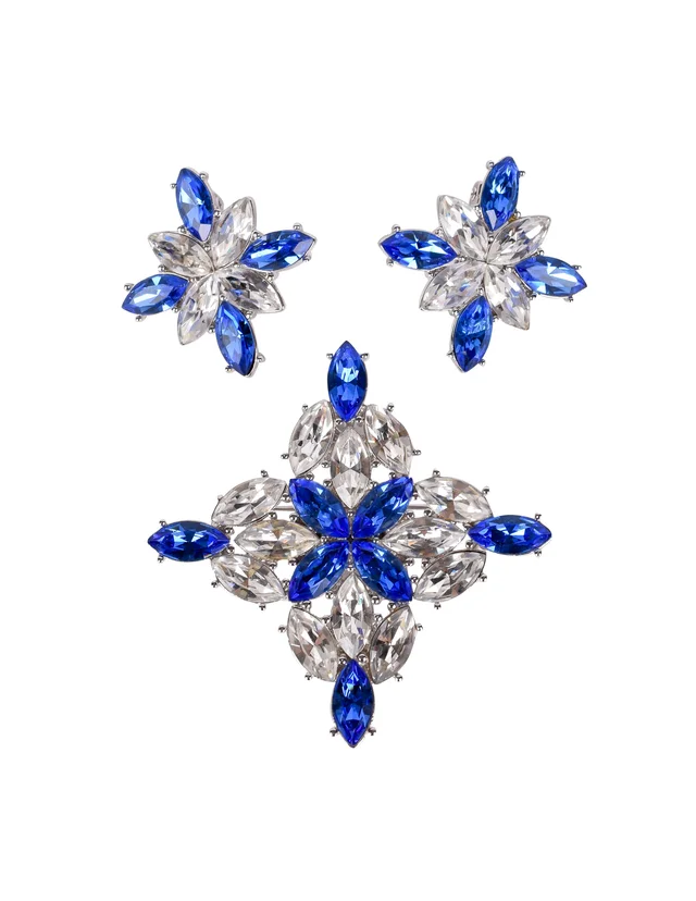 Saint Laurent Vintage Numbered Large Blue Clear Crystal Brooch and Earrings Set in Blue from Amarcord Vintage Fashion