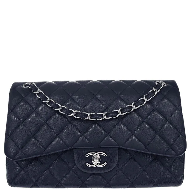 Chanel 2014 Navy Caviar Skin Jumbo Classic Double Flap Shoulder Bag in Navy Caviar leather from AMORE Vintage Tokyo